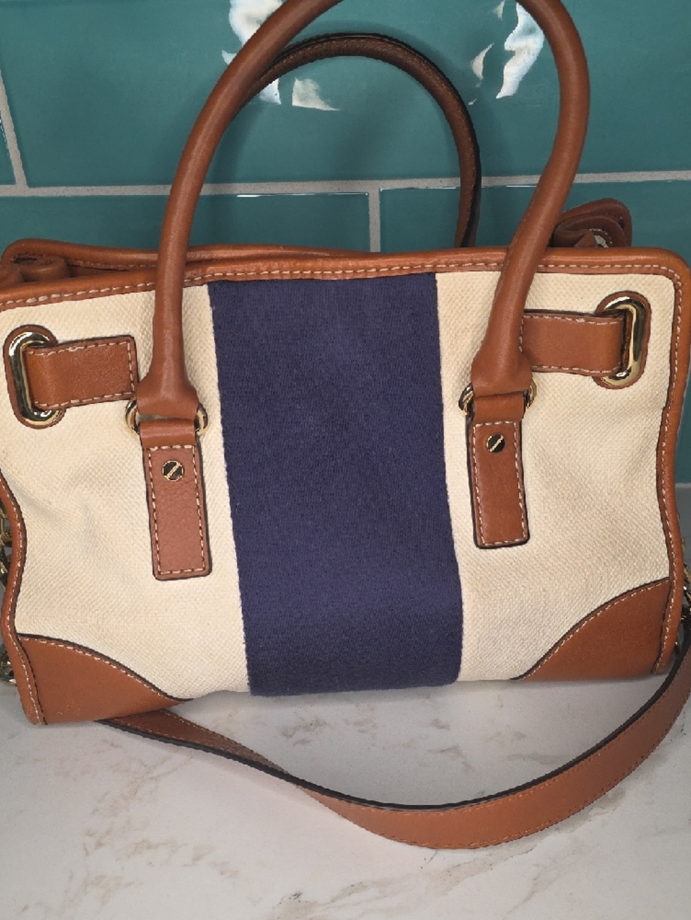 Michael Kors Hamilton MonoNavy and Tan Stripe Canvas Tote with Gold Hardware - Picture 5 of 14
